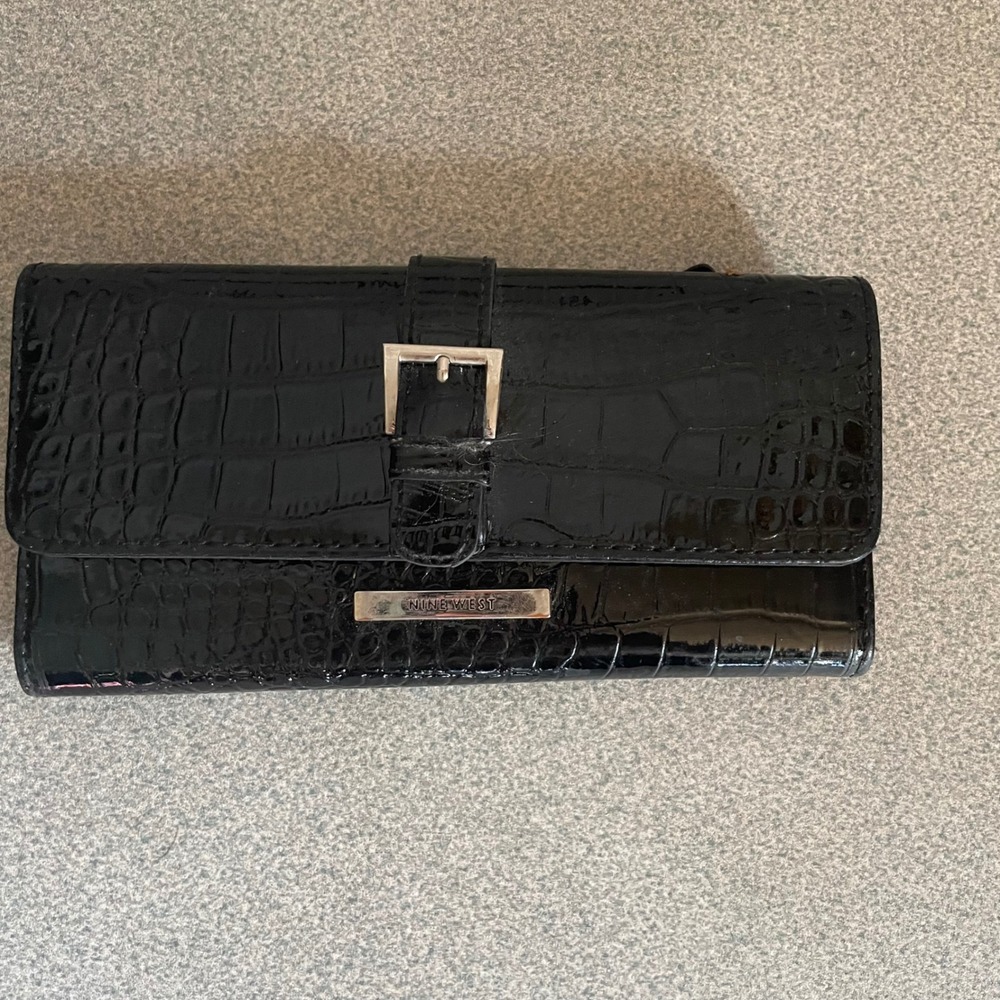 Nine West Black Faux Croc Embossed Snap Closure Long Wallet with Buckle Detail